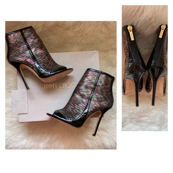 Jimmy Choo Shoes - JIMMY CHOO Logo Hologram Patent Open Toe Booties